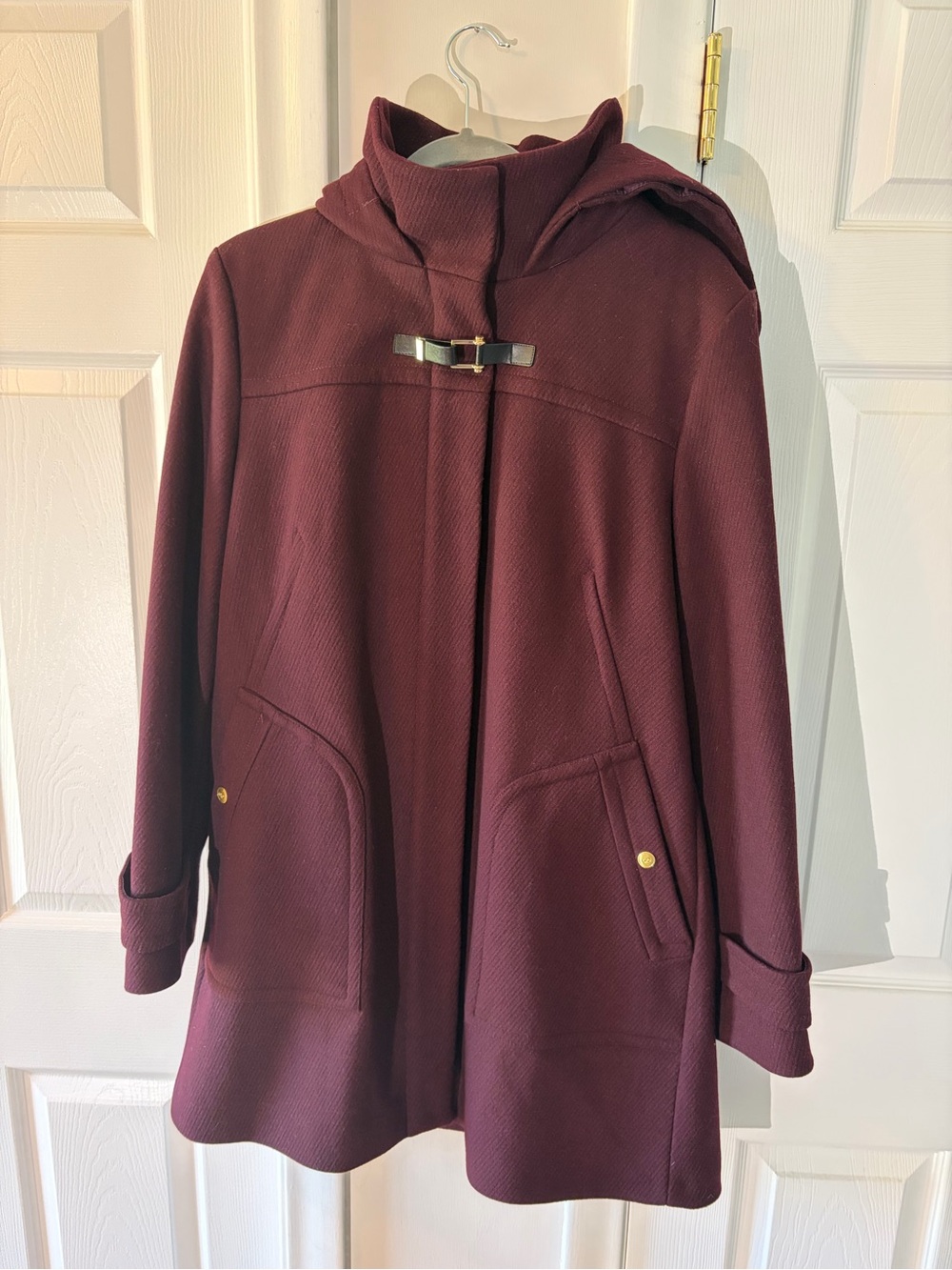Cole Haan Women's Wool Twill Long Duffel Coat in Bordeaux